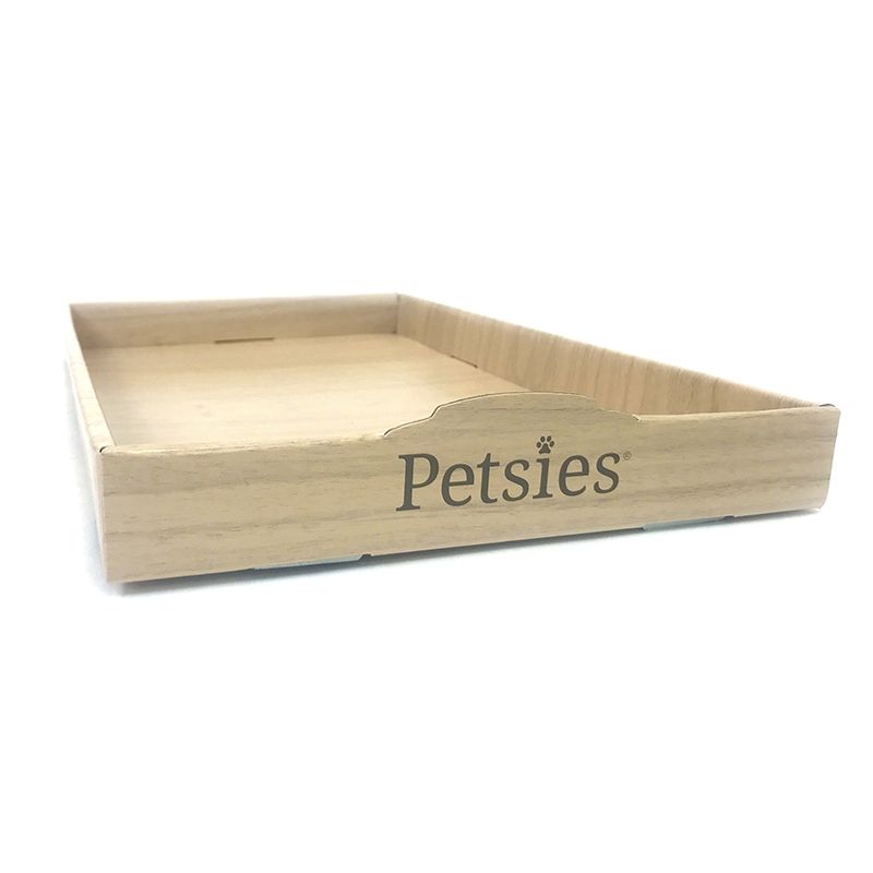 Select to view 'Light wood rectangular tray with low sides and Petsies logo printed in gray on the front, designed to hold keepsakes or gifts.' image