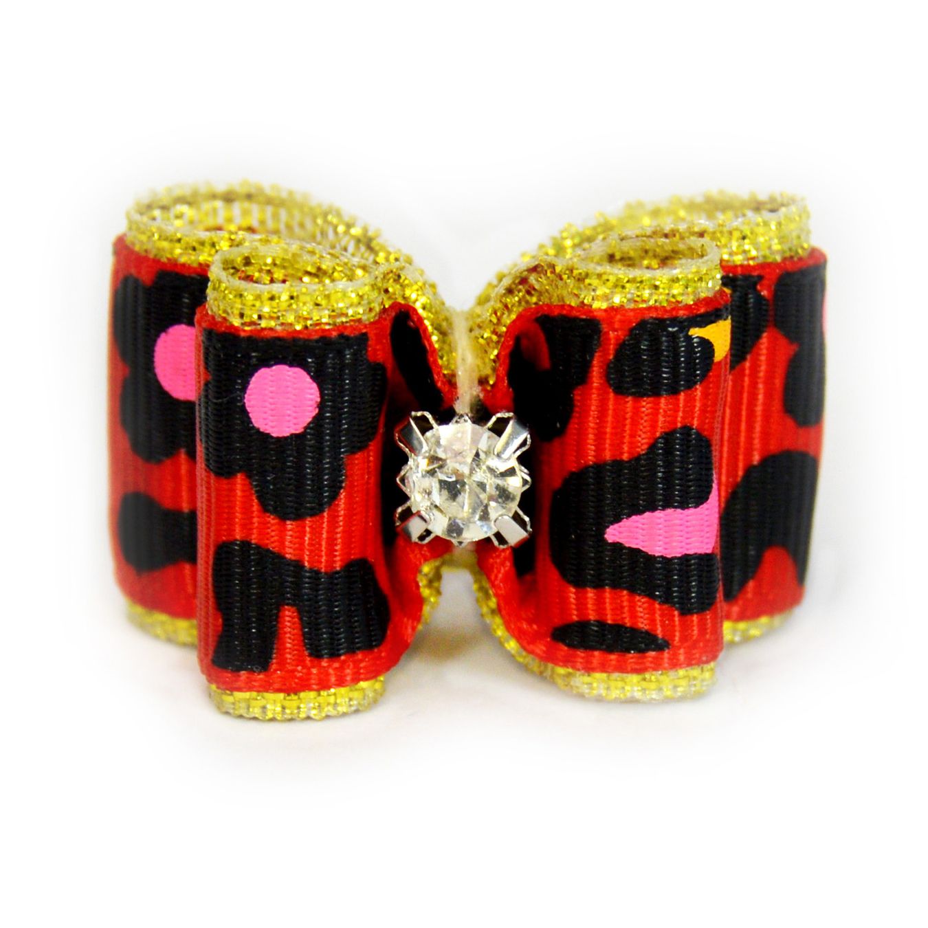 Select to view 'Close-up of red rhinestone hair bow with black and pink animal print, gold trim, and central sparkling clear gem embellishment.' image